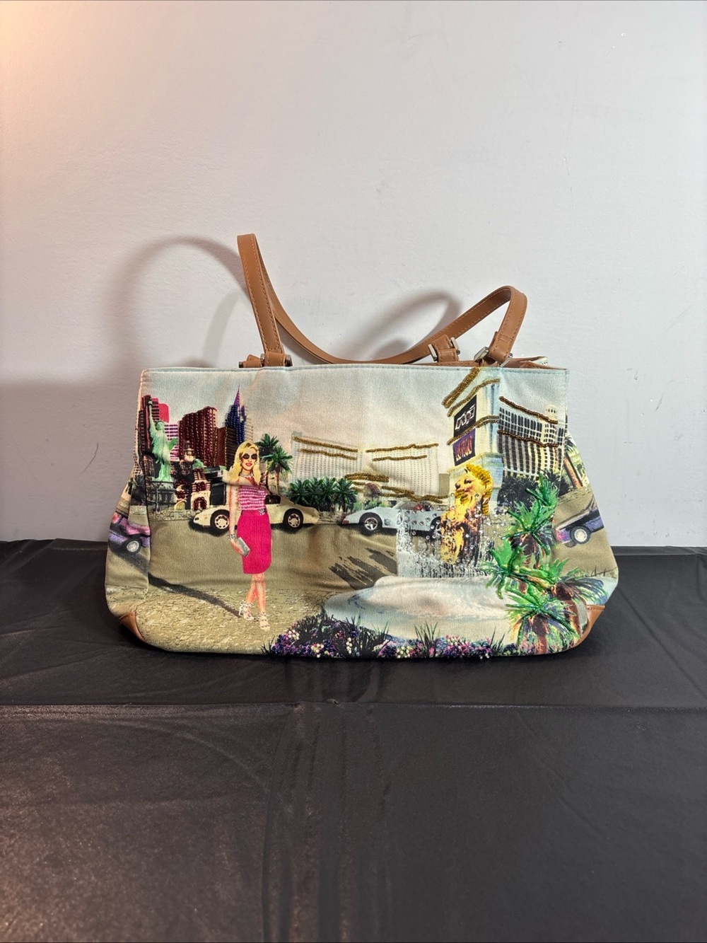 Bueno Las Vegas Canvas Scenic Print Tote Bag with Tan Handles VTG!! 9/9